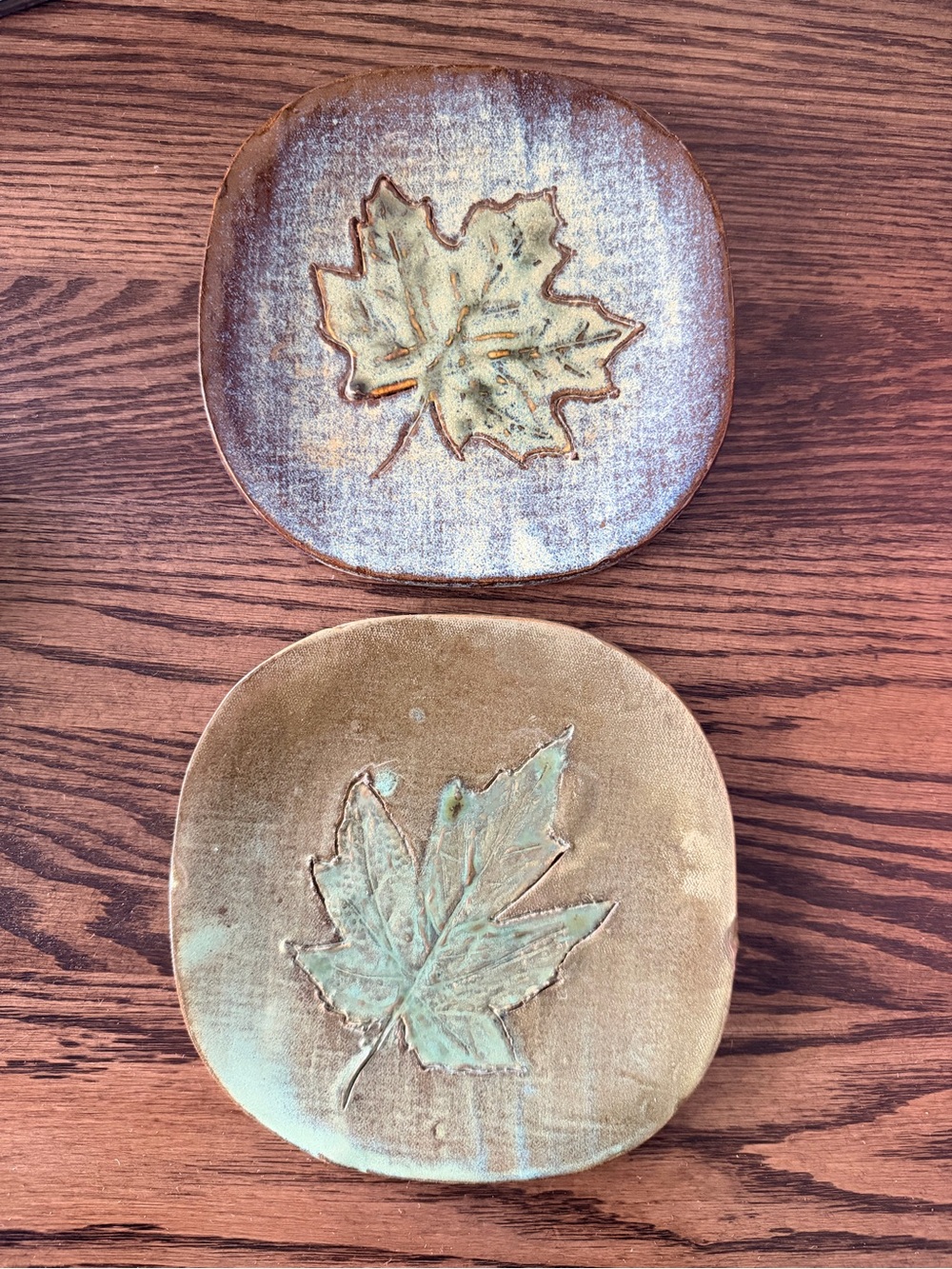 Handmade Leaf Relief Ceramic Wall/Trinket Dish Art Set in Green and Blue